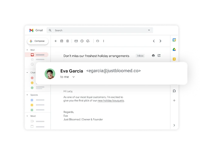 A full Gmail inbox interface with mail, chats, spaces, and meetings organized in one sidebar.