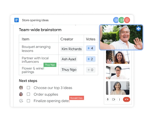 A shared team brainstorm table in Sheets next to a live Meet call gallery view.