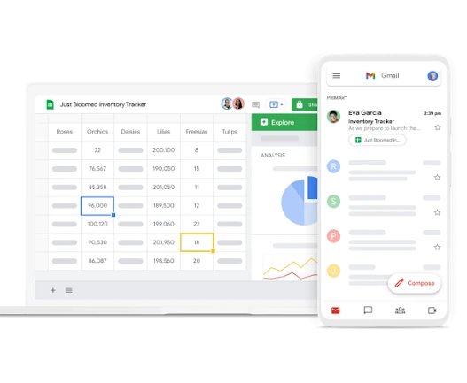 A Sheets inventory tracker with an analysis panel, next to the same data surfaced in Gmail on mobile.