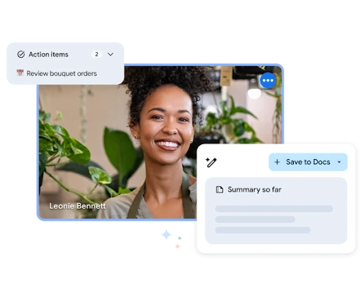 Meet automatically generating action items and a call summary, with an option to save the summary to Docs.