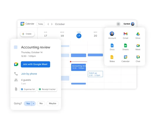 A Calendar event with a Join with Google Meet button, next to the Workspace app launcher grid.