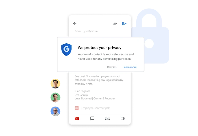 Gmail showing a built-in privacy notice confirming email content is never used for advertising.